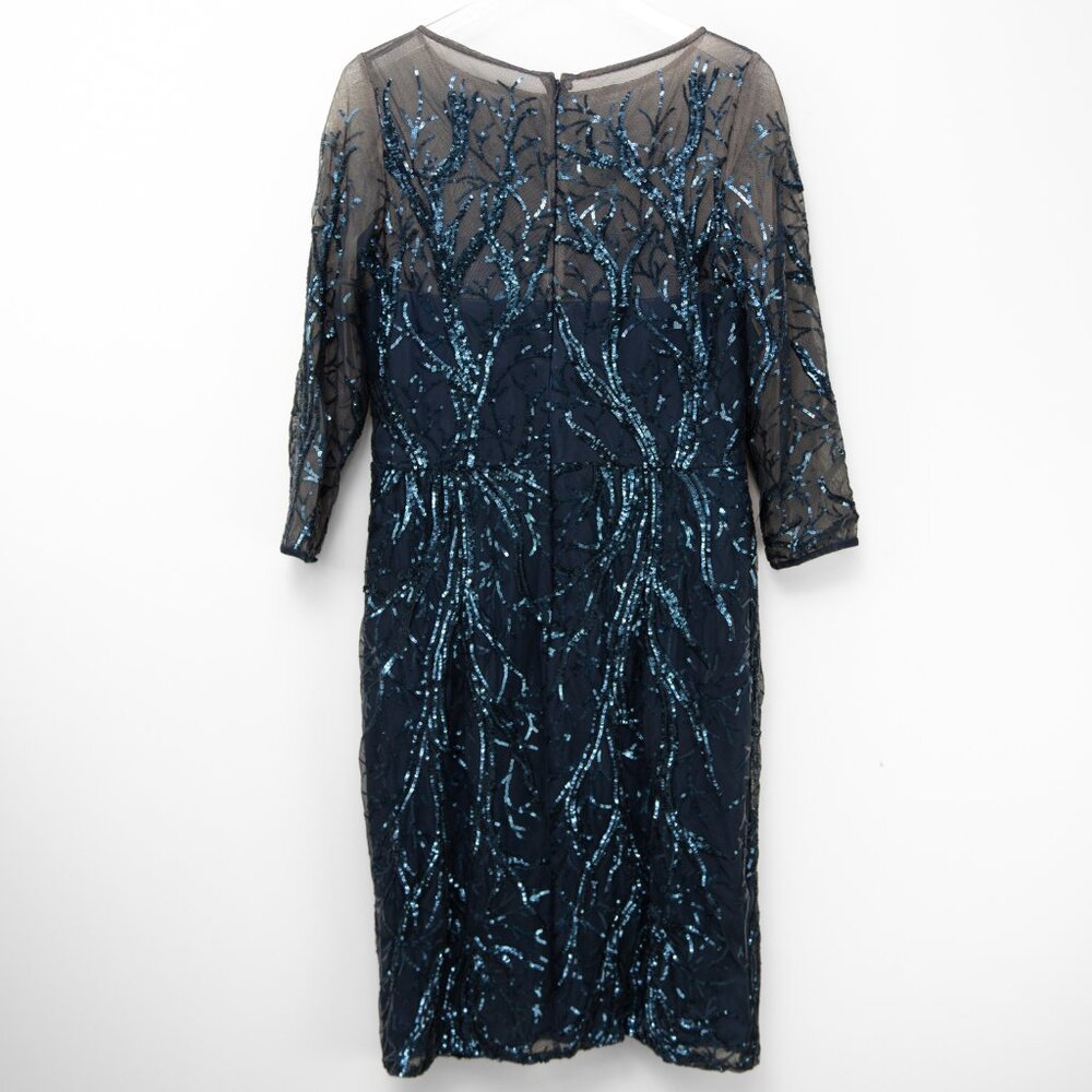 David Meister Sheath Dress Embellished Quater Sleeve Cocktail Navy Blue Size 14 - Picture 2 of 9
